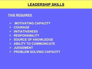 LEADERSHIP SKILLS THIS REQUIRES  MOTIVATING CAPACITY COURAGE INITIATIVENESS RESPONSIBILITY SOURCE OF KNOWLEDGE ABILITY TO COMMUNICATE JUDGEMENT PROBLEM SOLVING CAPACITY 
