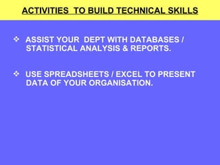 ASSIST YOUR  DEPT WITH DATABASES /  STATISTICAL ANALYSIS & REPORTS. USE SPREADSHEETS / EXCEL TO PRESENT  DATA OF YOUR ORGANISATION.  ACTIVITIES  TO BUILD TECHNICAL SKILLS 