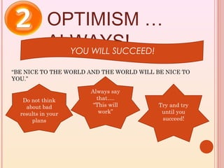 OPTIMISM …
            ALWAYS!
              YOU WILL SUCCEED!

“BE NICE TO THE WORLD AND THE WORLD WILL BE NICE TO
YOU.”

                      Always say
   Do not think         that….
    about bad          “This will         Try and try
  results in your        work”             until you
      plans                                succeed!
 