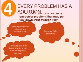EVERY PROBLEM HAS A
        SOLUTION
         In the road to success, you may
           encounter problems that may put
           you down. Pass through it by:

   Making decisions
     without any
    worries at all.         Seeking Help
                              from God




Thinking that it is
just a test to know
 how courageous
      you are.
 
