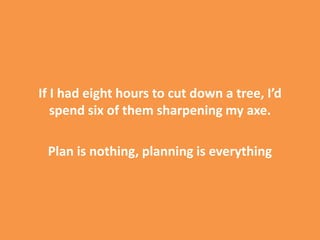 If I had eight hours to cut down a tree, I’d
spend six of them sharpening my axe.
Plan is nothing, planning is everything
 