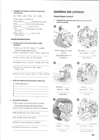 i.E Complete the sentences with the correct verb
from the box.
s" Ii"il! pPy '"1?I glt ltgdl
1 She qoes to school at B.
2 My brother _ basketbal at schooj.
3 She _ French in the afternoon.
4 My dad work at 6 p.m.
5 He _ a hamburger and chips
for lunch.
6 My mother _ with a book
after dinner.
us ua IIy/s o m etim e s/n eve r
;$ Put the words in the correct order t0 make
sentences.
'f mum / up I at /My /wakes I T. I usualy
Mv mum usually wakes u? at7
2 leave/ sometimes / 5 p.m. / They / school / at
3 never I 2 p.m. /has / at / He / lunch
4 sandwich I for I a/lunch. / usually/ He / eats
5 friend / at / sometimes / My / night. /
studies / late
6 never / sons / school. I play I at I Her / footbail
Write the sentences from
1 lneverwakeu?al7
2
Exercise 4 about you.
Correct the sentences.
1 She usually eat fish and chips on Friday.
the usuallv eatsfish and chi?s onFriday
2 Lara doesn't usually has coffee for breakfast.
3 My friends they never play tennis.
4 We usually starts work early.
5 Robert wears sometimes a uniform.
GRAMMAR AND LISTENING
Present Simple: he/she/it
,*. Complete the sentences about the oicfures !'{ :i- ffiE
verbs in brackets.
:
Sheila works in a bank.
(work)
3he doesn'twork in a
bookshop.
Michelle
chicken. (like)
vegetables.
Alrue
Mr Smith _ n€a:
rL^ 1^^^^;+-l a1:--^Lrrc lluJPll dl. tll f-
the church
David
basketbal-]. lj:'-at
f- -,L ---1L'r-rt L a,
a sandri-ich
, ri772 fnr lrrnnh
.rcaa
3
4
5
6
-t -a- ,
6 I doesn't never get to work late.
a'l ;-- - -LIUL:::
 