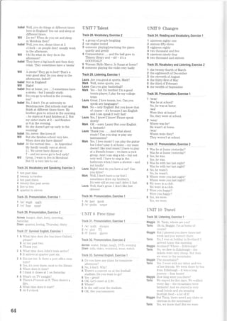 lsabel Well, you do things at different times
here in England! You eat and sleep at
different times.
Will Do we? Wlen do you eal and sleep
in Mendoza then?
lsabel Well, you see, shops close at 2
o'clock so people don't usually work
in the afternoon.
Will Oh! So what do they do in the
aiternoon?
lsabel They have a big lunch and then they
relax. They sometimes have a'siesta'
Will A siesta? They go to bed? That's a
very good ideal Do you sleep in rhe
afternoons, Isabel?
lsabel Not in England!
Will Right!
lsabel But at home, yes ... I sometimes have
a siesta but I usually study.
Will Do you go to school in t he er ening,
too?
lsabel No, I don't. I'm at university in
Mendoza now But schools start and
finish at different times there. My
brother goes to school in the morning
- he starts at 8 and finishes at 2. But
my sisler srarls al 2 - and finishes
qt Q in fha orraninaL v !ru16.
Will So she doesn'l gel up early jn the
morningl
lsabel No, never. She loves it!
Will But she finishes school very late.
When does she have dinner?
lsabel Af the normal time ... in Argenlinal
My famiJy usually eals al about
11. We never have dirurer at
7 - and we never go to bed early!
Will Great. I want to live in Mendoza!
But 11 is very late to eat ...
Tragk24,Vocabulal1/ and Speaking, Exercise 3
1 ten past nine
2 twenty to tr.'elve
3 ten past three
4 tw-enty-five past seven
5 f,ve to two
6 quarter to eleven
Track 25, Pronunciation, Exercise 1
1 /:r/ u-91k early
2 /crl fqur sport
Track 26: Pronunciation, Exerclse 2
Across burger, shirt, fortl', morning,
Saturda;'-
Down quarter, boring, Thursday, thirty
Track 27 Survival EnOtish, Exercise 1
1 A What time does the bus leave Oxford,
please?
B At ten past t4,.o.
A Thank 1.ou.
2 A l'hat time doesJohn's train arrive?
B It arrives at quarter past six.
3 A Excuse me. Is there a post office near
here?
B Yes, it's over there, next to the iibrarlr
A hen does it close?
B I think it closes at 1 on Saturdar,..
4 A What's on TV tonight?
I There's,trriend.s at 8. Then there's a
flm.
A trat time does it start?
B At 9 o'clock.
UNIT 7 Talent
Track 28. Vocabulalv, Exercise 2
1 a group of people laughing
2 car engine sound
3 someone playing,/pracr.ising lhe piano
quietly and gently
4 Commenta[or: ... and the ball goes to
Thierry Heruy and - oh! - it's a
GOOOOAI!!!
5 Woman: Hello Marco. Is Susan at home?
6 someone playing the violin very badly
Track 29, Listening, Exeryise
!
Laura Are you good at sports, Mark?
Mark Well, some sports, yes.
Laura Can you play basketball?
Mark Yes - but I'm terrible! I'm a good
tenniq nlevcr I nlrrr fnr mv cnllooo
team.
Laura Great. I love tennis, too. Can you
speak any languages?
Mark No - only English! But you know that
of course - it's because I am English
and I can speak it very fasti
Laura Yes. I knon I I know! Please speak
slowlyl
Mark OK sorry Laura! But your English
is fantastic!
Laura Thank you ... . And what about
music? Can you sing or play any
instnments?
Mark Yes, I iove music! I can play the guitar
but I don't play it at home my mum
doesn't like loud musicl I have to play
at a friend's house - we have a rock
group. And I can sing a bit - but not
very well. I have to sing in the
bathroom when I have a shower - and
not loudly!
Laura Right! And do you have a car? Can
you drlve?
Mark Well, I don't have a car but I
sometimes drive my brother's.
It's very old so you can't drive it fast.
Laura Vell, that's great. I don't like fast
drivers!
Tlack 30, Pronunciation, Exefcise
I
1 /b/ bad book
2 /v/ yiolin never
UNIT 8 Free time
Track 31: Pronunciation, Exercise 1
1 /w/ raik slioryer
2 /v/ yisit Tr
3 /f/ !unn1 phone
Track 32. Pronunciation, Exercise 2
Across $-ater,fiidge. laugh, DrD, evening
Down sofa, video. ureekencl. r.rear, rvatch
Track 33, Survival Engl!sh, Exerclse 1
A Do 1-ou have an1,- plans for tomorrow
afternoon'l
B No, I don't. hy?
A There's a concert on at the football
stadirur. Do 1-ou ouut,r ro not
B Yes - great!
A OK. Let's meet at 2.30.
B ltrere?
A In the caf6 near the stadilurL.
B OK. See ).ou tomorro$..
UNIT 9 Changes
Track 34, Readlng and V{cabularyr Exercise
!
1 nineteen eighty-one
2 ciwfoan fiffir-fhroo
3 eighteen eighty
4 two thousand and five
5 nineteen ninety-four
6 two thousand and sirteen
Track 35, Vocabutary and
-Llstening,
Exerclse 2
1 the twenty-fourth of March
2 the eighteenth of December
3 the eleventh ofAugust
4 the thirty-first of May
5 the third ofFebruary
6 the twelfth of September
Track 36, Plonuncialionr
-ExeJcise l
1 lwezl
Was he at school?
No, he was at home.
lwal
Were they at home?
No, they were at school.
2 lwozl
Where was he?
He wasn't at home.
lw3tl
Where were they?
They weren't at school.
Track 37, Pronunciationl
_Exercis
e 2
1 Was he at home yesterday?
Was he at home yesterday?
2 Yes, he was.
Yes, he was.
3 Was he with her last night?
Was he with her last night?
4 No, he wasn't.
No, he wasn't.
5 fi'here were you last night?
Where were you last night?
6 We were in a club.
Ve were in a club.
7 Vere you happ5'?
Were you happ;'?
8 Yes, w-e u,ere.
Yes, lr.e were.
UNIT 10 Tfavel
Track 38, Listening, Exercise
]
Maggie Hi. Tania, where are 1.ou?
Tania Oh hi, Maggie. I'm at home of
coursel
Maggie Bur I phoned 5.ou three times last
r'r-eek and ]'ou weren't there.
Tania No, I N-as on holidaj' ir-r Scotland! I
arrived home this morning.
Maggie Scotlancl? ihere Edinburgh'i
Tania No, rr e flelr. to Edinburgh , ihe
tickets u'ere verS- che:rp. Bu1 lhen
we w-ent to the mountains.
Maggie The mountainsl'?
Tania Yes. I went r'r-ith my sister and t$-o
of her friends. re v-ent thele b1'bus
from Edinburgh - it $.as a long
journey - four hours!
Maggie Hor'v long were )rou there?
Tania Ve stayed for flve days. ie walked
every day the mountains u.ere
fantasticl And r-e stayed in very
small hotels and ate amazing
Scottish food - a lot of it!
Maggie But Tania, there aren't any clubs or
cinemas in the rnountains!
Tania Yes, we kneu- that! But u'e u.ere
84
 