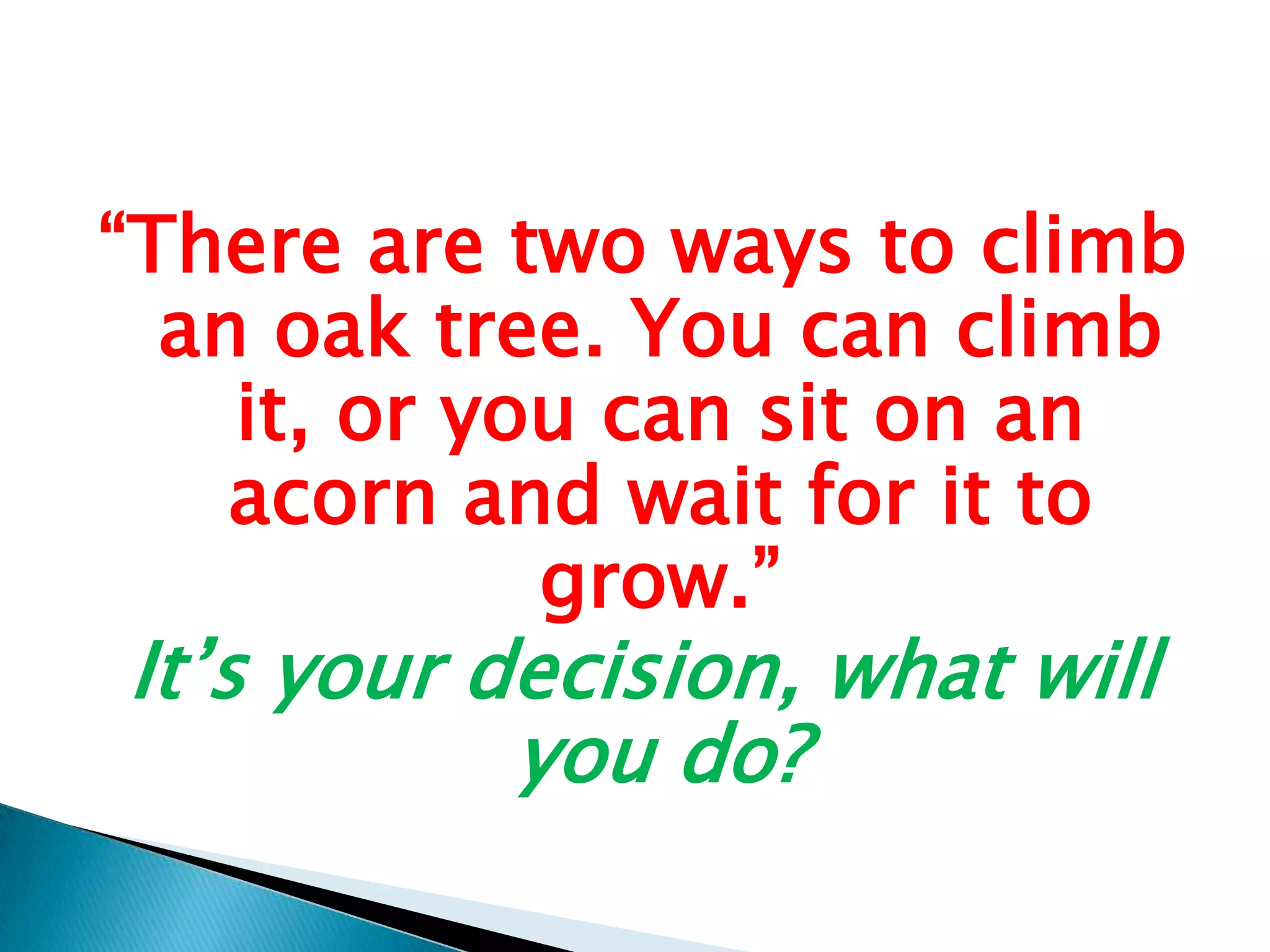 “There are two ways to climb an oak tree. You can climb it, or you can sit on an acorn and wait for it to grow.” It’s your decision, what will you do?