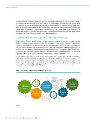 6
Digital Operations
| Success in Automation: Decoding the Winning Formula
While RPA is most commonly associated with the current state of automation, it is important to under-
stand that RPA is merely the most basic type of such technology. It addresses rote, routine work
programmed to handle repetitive tasks that can be easily mapped to computer instructions. How-
ever, technology is rapidly evolving, and organisations are under increasing pressure to innovate and
deliver value to their end customers while keeping costs in check. To achieve these end goals, it is
imperative to identify business processes where systems that think and systems that learn can be
applied to tap automation’s vast potential and realise its benefits.
AUTOMATING RIGHT: SELECTING THE RIGHT PROCESS
Organisations often are unable to map the right automation strategy to the right business process.
So they end up choosing a business process that is focused on high-volume transaction rates (when
that’s not what they need) or is overly expensive to deploy (and can’t deliver sufficient ROI to warrant
the investment). Instead, what organisations need is a scientific approach towards business process
selection for the right level of automation. For organisations that are at a nascent stage of their auto-
mation journey, the rule of thumb should be to start with simpler processes with low risk and quick
gains and use the experience to eventually move towards complex processes.
A well-defined process can be easily broken down so that only a part of it is automated completely
while the overall process continues to function as before. This, in turn, poses a lower risk for the func-
tion or the organisation. On the other hand, automating high-risk and complex processes may have a
higher impact in achieving the organisation’s goals, but may require a greater investment of time and
money, thereby increasing the risk of failures.
Key Factors For Selecting the Right Process
Manual-
Error-Prone
Processes
Structured
Digital Data
Rule-Based
Standardised
Processes
Numeric
or Textual
Data
High Volume
Data or
Processes
Figure 3
 
