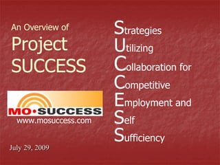An Overview of Project SUCCESS S trategies U tilizing C ollaboration for  C ompetitive E mployment and  S elf S ufficiency www.mosuccess.com 