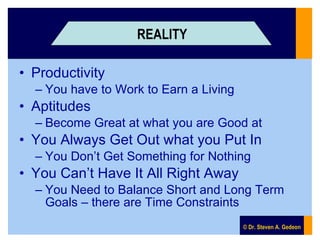 Reality <ul><li>Productivity </li></ul><ul><ul><li>You have to Work to Earn a Living </li></ul></ul><ul><li>Aptitudes </li...