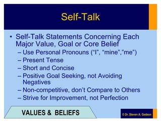 Self-Talk <ul><li>Self-Talk Statements Concerning Each Major Value, Goal or Core Belief </li></ul><ul><ul><li>Use Personal...