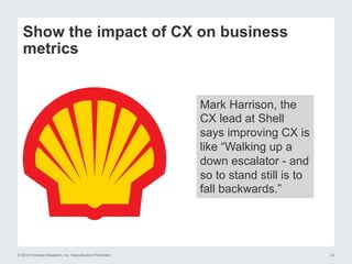 © 2015 Forrester Research, Inc. Reproduction Prohibited 24
Show the impact of CX on business
metrics
Mark Harrison, the
CX lead at Shell
says improving CX is
like “Walking up a
down escalator - and
so to stand still is to
fall backwards.”
 