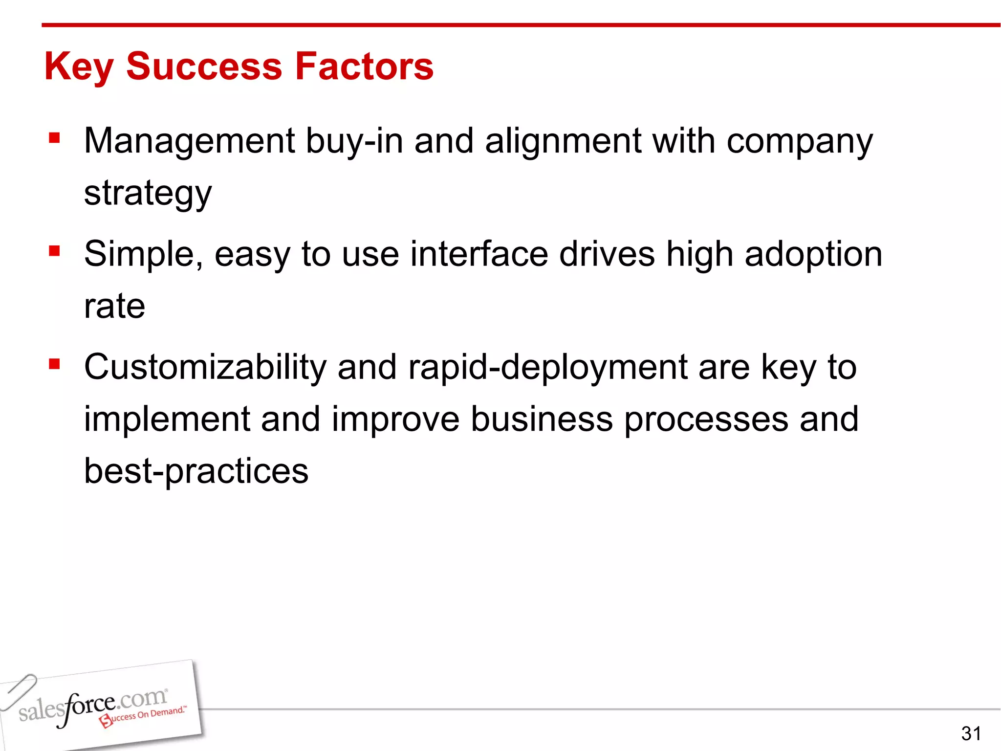 Key Success Factors Management buy-in and alignment with company strategy Simple, easy to use interface drives high adoption rate Customizability and rapid-deployment are key to implement and improve business processes and best-practices 