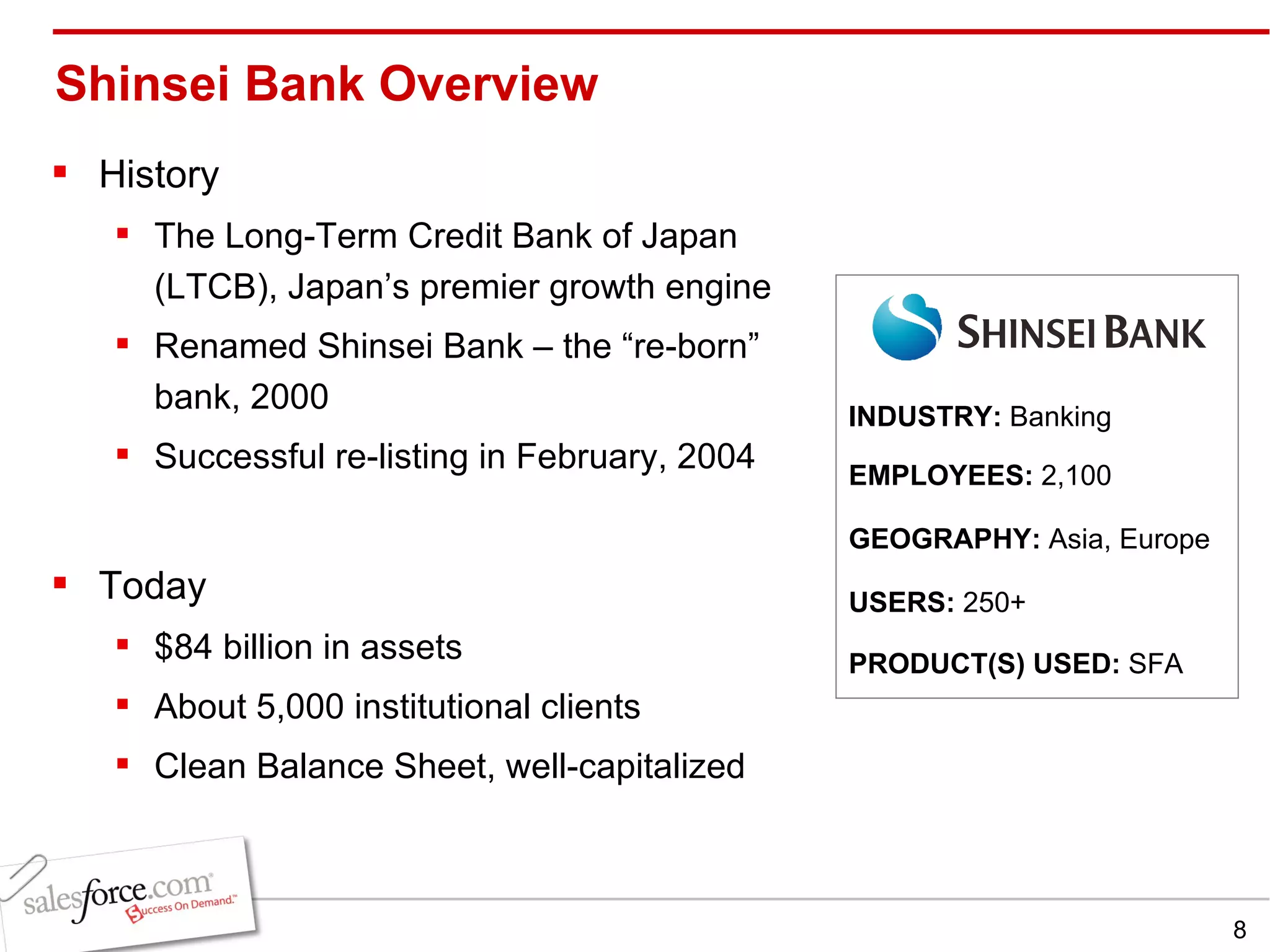 Shinsei Bank Overview History The Long-Term Credit Bank of Japan (LTCB), Japan’s premier growth engine Renamed Shinsei Bank – the “re-born” bank, 2000 Successful re-listing in February, 2004 Today $84 billion in assets About 5,000 institutional clients Clean Balance Sheet, well-capitalized INDUSTRY:  Banking EMPLOYEES:  2,100 GEOGRAPHY:  Asia, Europe PRODUCT(S) USED:  SFA USERS:  250+ 