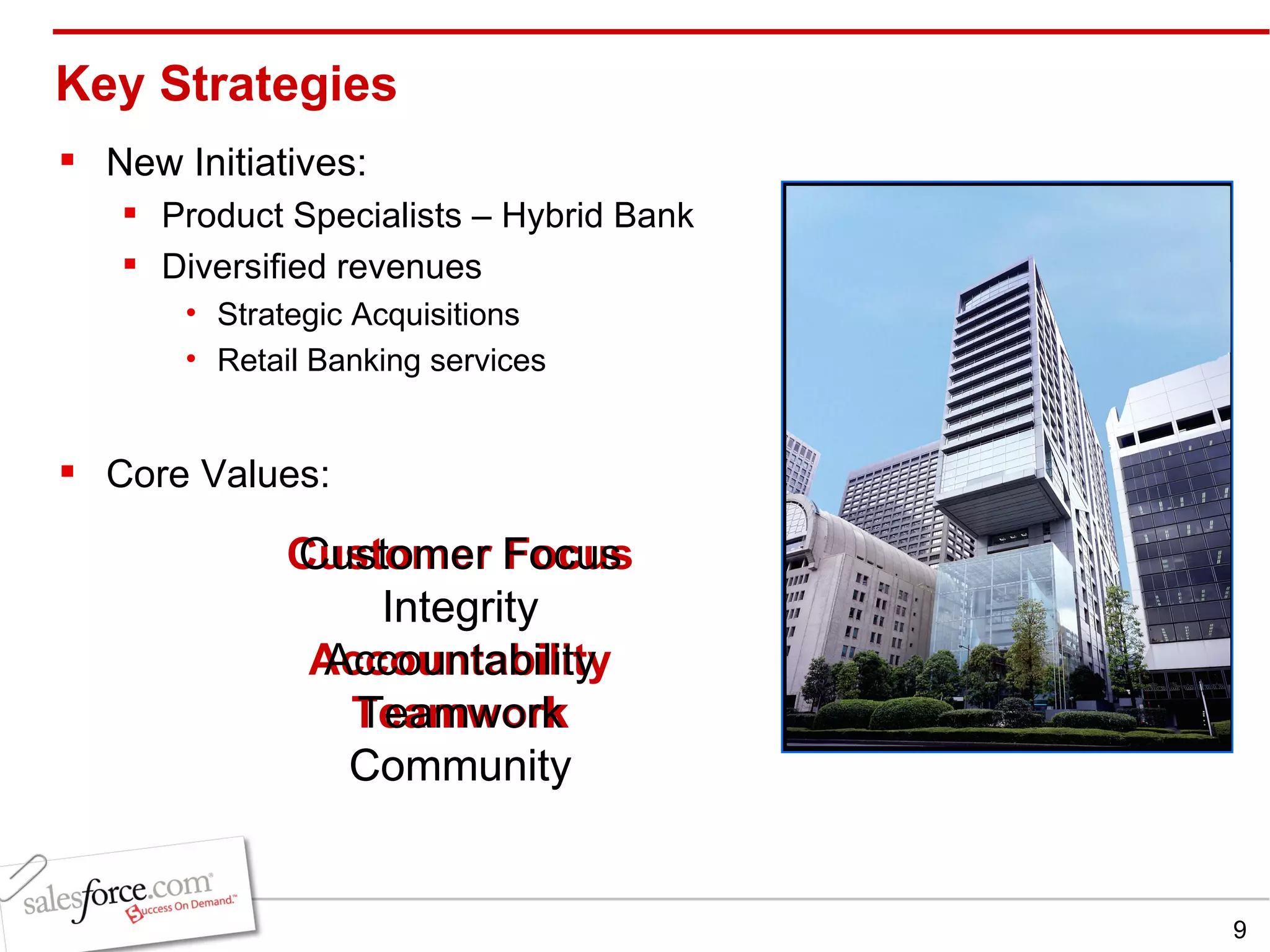 Key Strategies New Initiatives: Product Specialists – Hybrid Bank Diversified revenues Strategic Acquisitions Retail Banking services Core Values: Customer Focus Integrity Accountability Teamwork Community Customer Focus Integrity Accountability Teamwork Community 