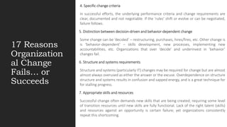 17 Reasons
Organization
al Change
Fails… or
Succeeds
4. Specific change criteria
In successful efforts, the underlying per...