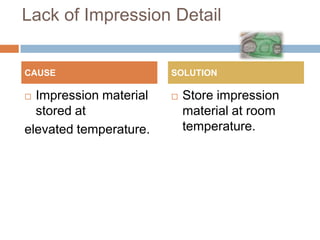 Lack of Impression Detail


CAUSE                   SOLUTION

 Impression material      Store impression
  stored at                 material at room
elevated temperature.       temperature.
 
