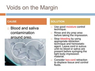 Voids on the Margin

CAUSE                  SOLUTION
                          Use good moisture control
   Blood and saliva       technique.
    contamination         Rinse and dry prep area
                           before taking the impression.
    around prep.          Stop bleeding by using
                           appropriate retraction
                           technique and hemostatic
                           agent. Leave cord in sulcus
                           until no blood or saliva are
                           present before syringing the
                           light body impression
                           material.
                          Consider two-cord retraction
                           to displace tissue and control
                           fluids.
 