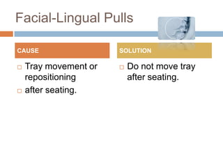 Facial-Lingual Pulls

CAUSE                  SOLUTION

   Tray movement or      Do not move tray
    repositioning          after seating.
   after seating.
 