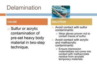 Delamination

CAUSE                      SOLUTION

                              Avoid contact with sulfur
   Sulfur or acrylic          contaminants:
    contamination of              Wear gloves proven not to
                                   contain traces of sulfur.
    pre-set heavy body        Avoid contact with acrylic
    material in two-step       and methacrylic
                               contaminants:
    technique.                    Ensure impression
                                   materialdoes not come into
                                   contact with methacrylate
                                   residue from acrylate
                                   temporary materials.
 