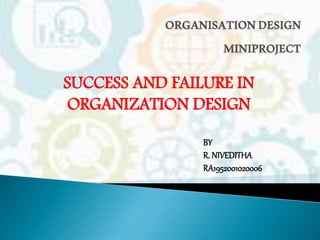 BY
R. NIVEDITHA
RA1952001020006
SUCCESS AND FAILURE IN
ORGANIZATION DESIGN
 