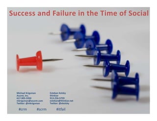 Success and Failure in the Time of Social




  Michael Krigsman       Esteban Kolsky
  Asuret, Inc.           thinkJar
  617‐905‐5950           913‐256‐5759
  mkrigsman@asuret.com   esteban@thinkJar.net
  Twitter: @mkrigsman    Twitter: @ekolsky

   #crm          #scrm        #itfail
 