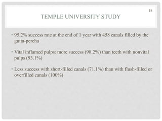 TEMPLE UNIVERSITY STUDY
• 95.2% success rate at the end of 1 year with 458 canals filled by the
gutta-percha
• Vital inflamed pulps: more success (98.2%) than teeth with nonvital
pulps (93.1%)
• Less success with short-filled canals (71.1%) than with flush-filled or
overfilled canals (100%)
18
 