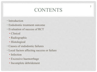 CONTENTS
• Introduction
• Endodontic treatment outcome
• Evaluation of success of RCT
• Clinical
• Radiographic
• Histological
• Causes of endodontic failures
• Local factors affecting success or failure
• Infection
• Excessive haemorrhage
• Incomplete debridement
2
 