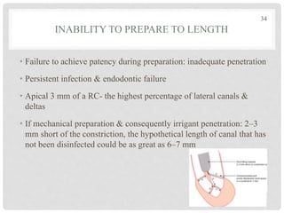 • Failure to achieve patency during preparation: inadequate penetration
• Persistent infection & endodontic failure
• Apical 3 mm of a RC- the highest percentage of lateral canals &
deltas
• If mechanical preparation & consequently irrigant penetration: 2–3
mm short of the constriction, the hypothetical length of canal that has
not been disinfected could be as great as 6–7 mm
INABILITY TO PREPARE TO LENGTH
34
 
