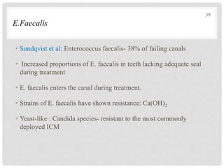 E.Faecalis
• Sundqvist et al: Enterococcus faecalis- 38% of failing canals
• Increased proportions of E. faecalis in teeth lacking adequate seal
during treatment
• E. faecalis enters the canal during treatment.
• Strains of E. faecalis have shown resistance: Ca(OH)2
• Yeast-like : Candida species- resistant to the most commonly
deployed ICM
39
 