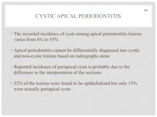 CYSTIC APICAL PERIODONTITIS
• The recorded incidence of cysts among apical periodontitis lesions
varies from 6% to 55%
• Apical periodontitis cannot be differentially diagnosed into cystic
and non-cystic lesions based on radiographs alone
• Reported incidence of periapical cysts is probably due to the
difference in the interpretation of the sections
• 52% of the lesions were found to be epithelialized but only 15%
were actually periapical cysts
44
 