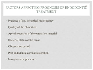 FACTORS AFFECTING PROGNOSIS OF ENDODONTIC
TREATMENT
• Presence of any periapical radiolucency
• Quality of the obturation
• Apical extension of the obturation material
• Bacterial status of the canal
• Observation period
• Post endodontic coronal restoration
• Iatrogenic complication
62
 