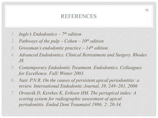 REFERENCES
1. Ingle’s Endodontics – 7th edition
2. Pathways of the pulp – Cohen – 10th edition
3. Grossman’s endodontic practice – 14th edition
4. Advanced Endodontics. Clinical Retreatment and Surgery. Rhodes
JS
5. Contemporary Endodontic Treatment. Endodontics. Colleagues
for Excellence. Fall/ Winter 2003
6. Nair. P.N.R. On the causes of persistent apical periodontitis: a
review. International Endodontic Journal, 39, 249–281, 2006
7. Orstavik D, Kerekes K, Eriksen HM. The periapical index: A
scoring system for radiographic assessment of apical
periodontitis. Endod Dent Traumatol 1986; 2: 20-34.
75
 