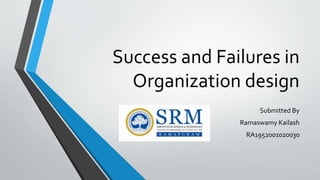 Success and Failures in
Organization design
Submitted By
Ramaswamy Kailash
RA1952001020030
 