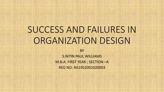 SUCCESS AND FAILURES IN
ORGANIZATION DESIGN
BY
S.NITIN PAUL WILLIAMS
M.B.A. FIRST YEAR ; SECTION –A
REG NO: RA1952001020003
 