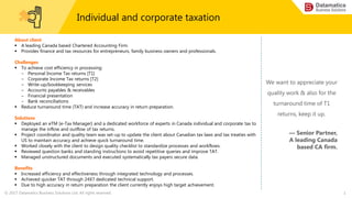 © 2017 Datamatics Business Solutions Ltd. All rights reserved.
Individual and corporate taxation
About client
 A leading Canada based Chartered Accounting Firm.
 Provides finance and tax resources for entrepreneurs, family business owners and professionals.
Challenges
 To achieve cost efficiency in processing:
‒ Personal Income Tax returns [T1]
‒ Corporate Income Tax returns [T2]
‒ Write-up/bookkeeping services
‒ Accounts payables & receivables
‒ Financial presentation
‒ Bank reconciliations
 Reduce turnaround time (TAT) and increase accuracy in return preparation.
Solutions
 Deployed an eTM [e-Tax Manager] and a dedicated workforce of experts in Canada individual and corporate tax to
manage the inflow and outflow of tax returns.
 Project coordinator and quality team was set-up to update the client about Canadian tax laws and tax treaties with
US to maintain accuracy and achieve quick turnaround time.
 Worked closely with the client to design quality checklist to standardize processes and workflows.
 Reviewed question banks and standing instructions to avoid repetitive queries and improve TAT.
 Managed unstructured documents and executed systematically tax payers secure data.
Benefits
 Increased efficiency and effectiveness through integrated technology and processes.
 Achieved quicker TAT through 24X7 dedicated technical support.
 Due to high accuracy in return preparation the client currently enjoys high target achievement.
We want to appreciate your
quality work & also for the
turnaround time of T1
returns, keep it up.
— Senior Partner,
A leading Canada
based CA firm.
1
 