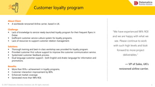 © 2017 Datamatics Business Solutions Ltd. All rights reserved. 1
Customer loyalty program
About Client
 A worldwide renowned Airline carrier, based in UK.
Challenge
 Lack of knowledge to service newly-launched loyalty program for their frequent flyers in
Dubai.
 Inefficient customer service culture system for loyalty programs.
 Lack of resources to support customer relation management.
Solutions
 Thorough training and best-in-class workshop was provided for loyalty program.
 Provided customer-first culture support to improve the customer communication service.
 Systemized customer feedback process.
 Dual language customer support - both English and Arabic language for information and
promotions.
Benefits
 More than 95%+ achievement in loyalty programs.
 Customer interaction improvement by 80%.
 Enhanced market coverage.
 Generated more than 98% ROI.
“We have experienced 98% ROI
and we are happy with what we
see. Please continue to work
with such high levels and look
forward to more project
deliverables."
— VP of Sales, UK’s
renowned airline carrier.
 
