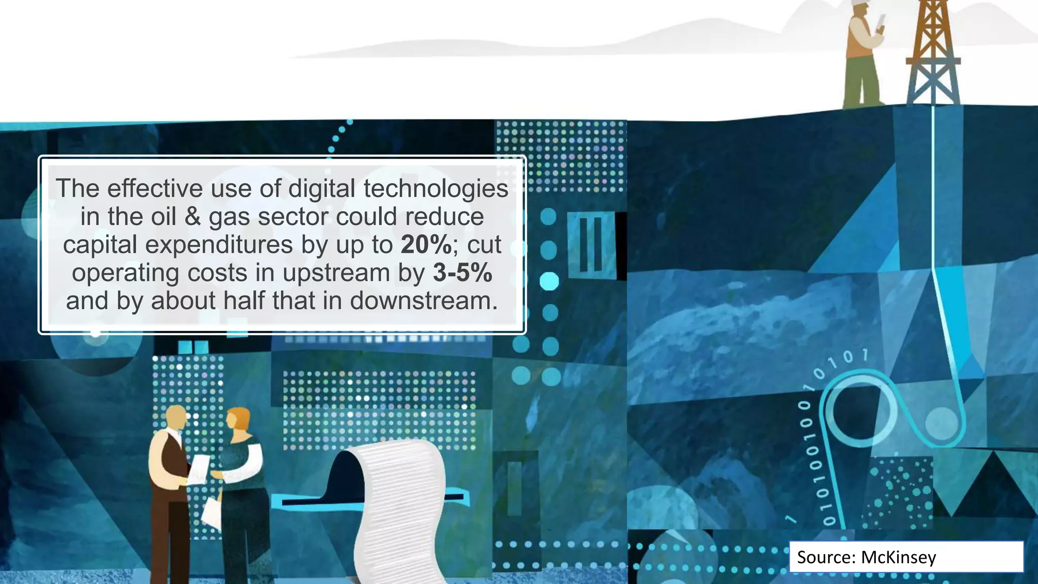 The effective use of digital technologies
in the oil & gas sector could reduce
capital expenditures by up to 20%; cut
operating costs in upstream by 3-5%
and by about half that in downstream.
Source: McKinsey
 
