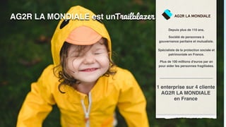 AG2R LA MONDIALE est un
Depuis plus de 110 ans.
Société de personnes à  
gouvernance paritaire et mutualiste. 
 
Spécialiste de la protection sociale et
patrimoniale en France.
Plus de 100 millions d'euros par an
pour aider les personnes fragilisées.
1 enterprise sur 4 cliente
AG2R LA MONDIALE  
en France
 