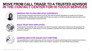 MOVE FROM CALL TRIAGE TO A TRUSTED ADVISOR
IN THE CONTACT CENTER FOR HI TOUCH SERVICES
Copyright © 2017 Accenture. All rights reserved. 12
BUILD TRUST WITH EMPLOYEES
Trusted advisors empathize with consumers and, with the consumer’s permission, inquire as to the core reason for
the contact—allowing the trusted advisor to more completely understand the work or personal event(s) behind the
consumer outreach.
IMPROVE END-TO-END EMPLOYEE EXPERIENCE
Trusted advisors anticipate what help the consumer will need and present themselves as single point of contact.
Enabling workflow, activities will cross traditional HR silos and reach out of HR to provide the consumer with an end-
to-end service—including light transactional work.
ADDRESS EMPLOYEE ISSUES, NOT SYMPTOMS
Having established a trusted relationship with the consumer, the advisor will leverage his/her experience and tools to
solve for the spoken and/or unspoken intent of the contact—solving for root cause rather than symptoms.
 