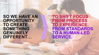 Copyright © 2017 Accenture. All rights reserved. 2
SO WE HAVE AN
OPPORTUNITY
TO CREATE
SOMETHING
GENUINELY
DIFFERENT…
TO SHIFT FOCUS
FROM PROCESS
TO EXPERIENCE.
FROM STANDARDS
TO A HUMAN-LED
SERVICE.
 
