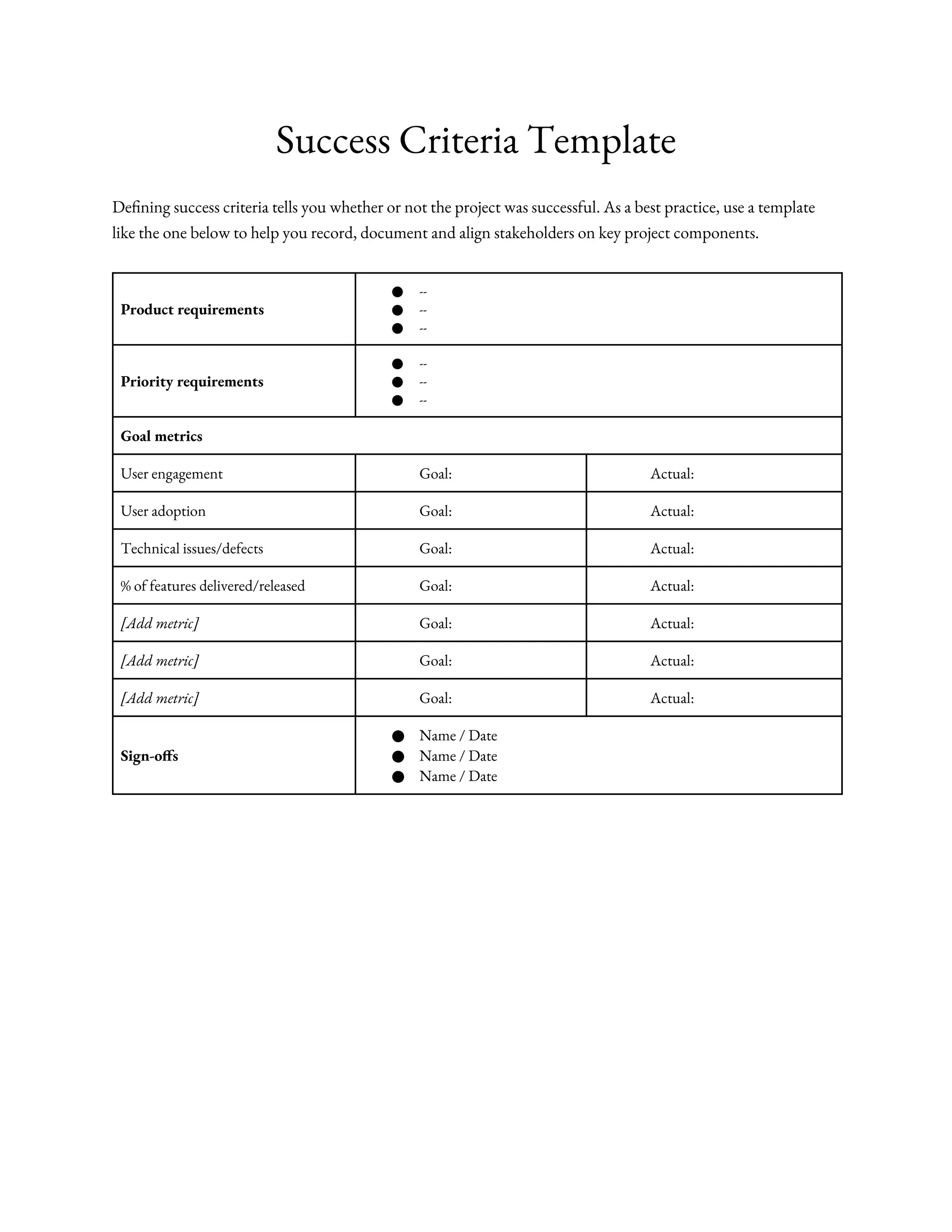 Success Criteria Template Free -Project Objectives | DOCX