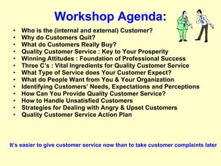 Workshop Agenda : Who is the (internal and external) Customer? Why do Customers Quit?  What do Customers Really Buy? Quality Customer Service : Key to Your Prosperity Winning Attitudes : Foundation of Professional Success Three C’s : Vital Ingredients for Quality Customer Service What Type of Service does Your Customer Expect? What do People Want from You & Your Organization Identifying Customers’ Needs, Expectations and Perceptions How Can You Provide Quality Customer Service? How to Handle Unsatisfied Customers Strategies for Dealing with Angry & Upset Customers Quality Customer Service Action Plan It’s easier to give customer service now than to take customer complaints later 