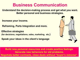 Business Communication Speak your ideas in the client’s language  Increase your income. Build new personal resources and create positive feelings. Generate new behaviors for old problems. Negotiate better contracts, close deals without “buyer’s remorse”. Understand the decision-making process and get what you want. Better personal and business strategies. Effective strategies  (for decisions, negotiations, sales, marketing,  etc .) Reframing, Parts Integration and more.  