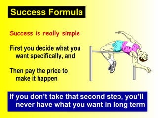 Success Formula If you don’t take that second step, you’ll  never have what you want in long term Success is really simple First you decide what you want specifically, and Then pay the price to make it happen   