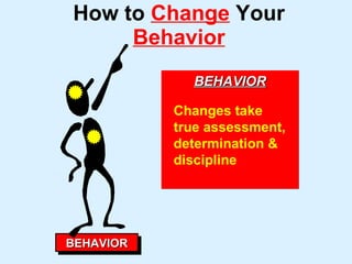 How to   Change  Your  Behavior BEHAVIOR BEHAVIOR Changes take true assessment, determination & discipline 