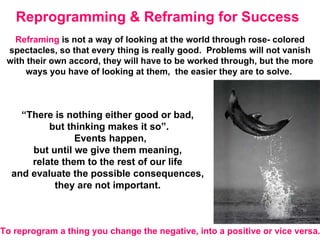Reprogramming & Reframing for Success   “ There is nothing either good or bad,  but thinking makes it so”. Events happen, but until we give them meaning,  relate them to the rest of our life  and evaluate the possible consequences,  they are not important.  Reframing  is not a way of looking at the world through rose- colored spectacles, so that every thing is really good.  Problems will not vanish with their own accord, they will have to be worked through, but the more ways you have of looking at them,  the easier they are to solve.  To reprogram a thing you change the negative, into a positive or vice versa.  