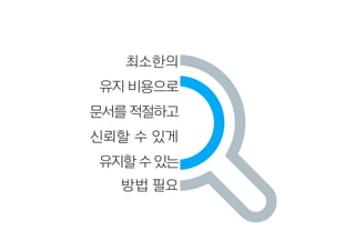 최소한의
유지 비용으로
문서를 적절하고
신뢰할 수 있게
유지할수있는
방법 필요
 