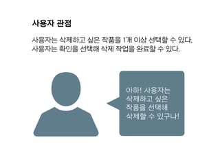 사용자는 삭제하고 싶은 작품을 1개 이상 선택할 수 있다.
사용자는 확인을 선택해 삭제 작업을 완료할 수 있다.
사용자 관점
아하! 사용자는
삭제하고 싶은
작품을 선택해
삭제할 수 있구나!
 