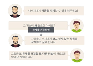 문제를 공유하면
그렇군요, 문제를 해결할 또 다른 방법이 떠오르진
않네요. 알겠습니다.
사람들이 서재에서 보고 싶지 않은 작품을
삭제하고 싶어 합니다.
그 기능이 왜 필요한 거에요?
내서재에서 작품을 삭제할 수 있게 해주세요!
 