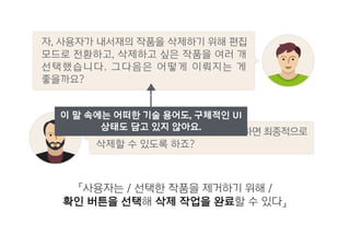 음... 확인 버튼을 두고 그 버튼을 선택하면 최종적으로
삭제할 수 있도록 하죠?
자, 사용자가 내서재의 작품을 삭제하기 위해 편집
모드로 전환하고, 삭제하고 싶은 작품을 여러 개
선택했습니다. 그다음은 어떻게 이뤄지는 게
좋을까요?
이 말 속에는 어떠한 기술 용어도, 구체적인 UI
상태도 담고 있지 않아요.
「사용자는 / 선택한 작품을 제거하기 위해 /
확인 버튼을 선택해 삭제 작업을 완료할 수 있다」
 