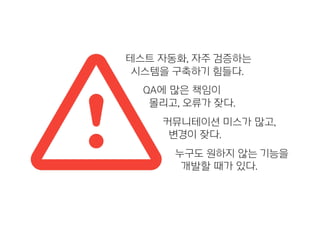 테스트 자동화, 자주 검증하는
시스템을 구축하기 힘들다.
QA에 많은 책임이
몰리고, 오류가 잦다.
커뮤니테이션 미스가 많고,
변경이 잦다.
누구도 원하지 않는 기능을
개발할 때가 있다.
 