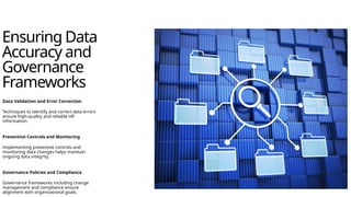 Ensuring Data
Accuracy and
Governance
Frameworks
Data Validation and Error Correction
Techniques to identify and correct data errors
ensure high-quality and reliable HR
information.
Preventive Controls and Monitoring
Implementing preventive controls and
monitoring data changes helps maintain
ongoing data integrity.
Governance Policies and Compliance
Governance frameworks including change
management and compliance ensure
alignment with organizational goals.
 